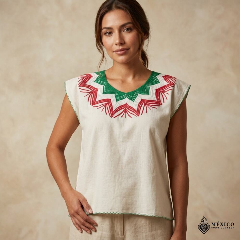 Traditional Mexican Huipil Blouse – Handmade Embroidered Manta Top  white
